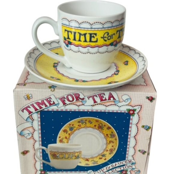 Mary Engelbreit Time for Tea Cup Plate Saucer Set Box Vtg NIB Mug Mcmeel Yellow - Picture 1 of 5